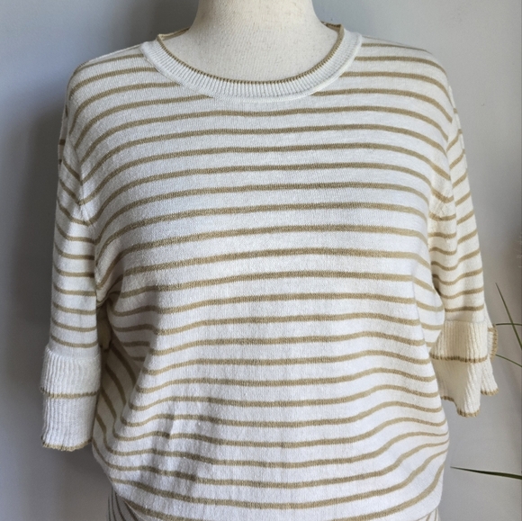 Ann Taylor New Coastal Striped Linen Blend Ruffle Sleeve Knit Top Size Large - Picture 3 of 13
